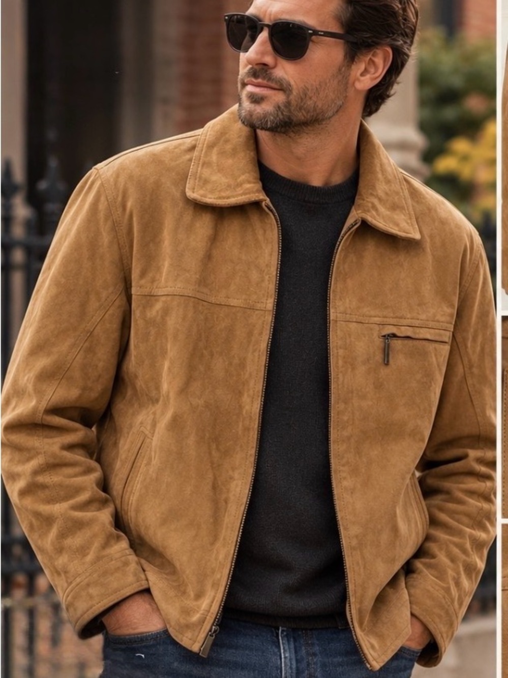 Le Frog Casual Men’s Size 52 Genuine Suede Leather Jacket Tan Camel